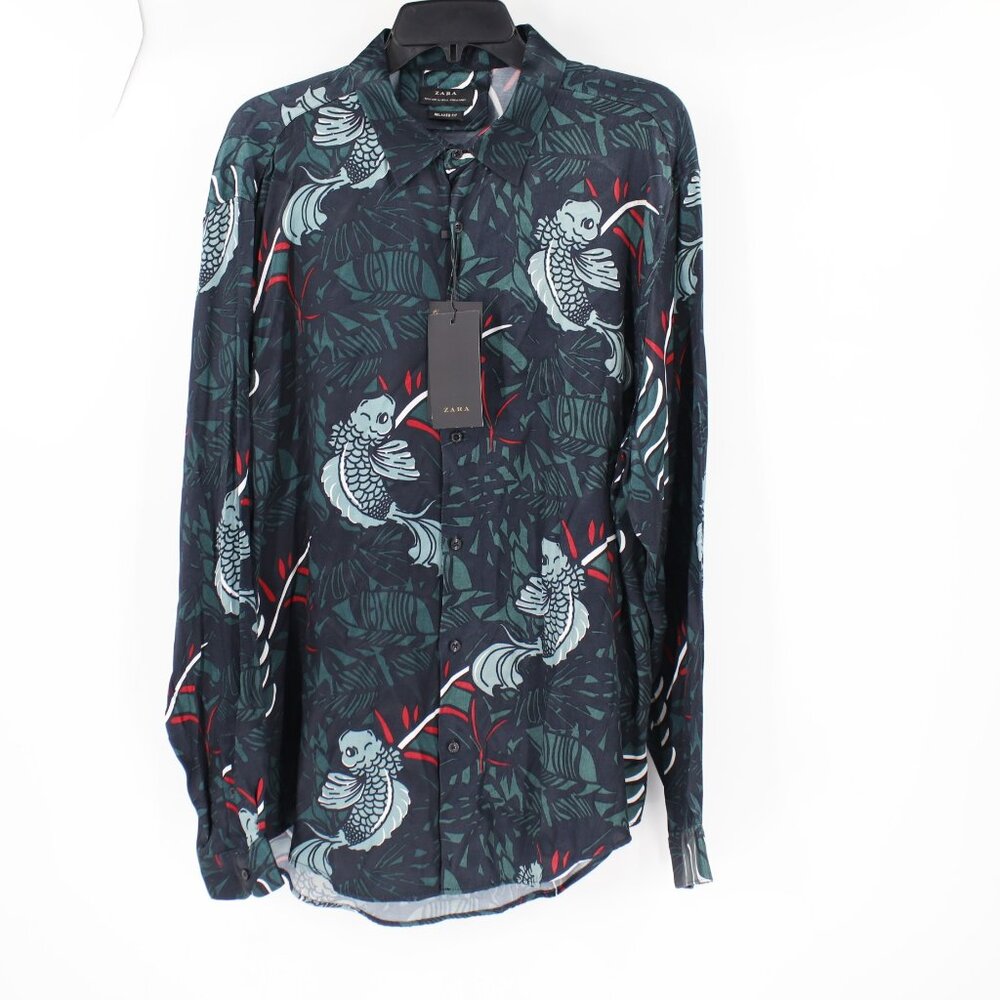 NWT zara shirt Mens XL Koi fish pattern long sleeve button up viscose fun